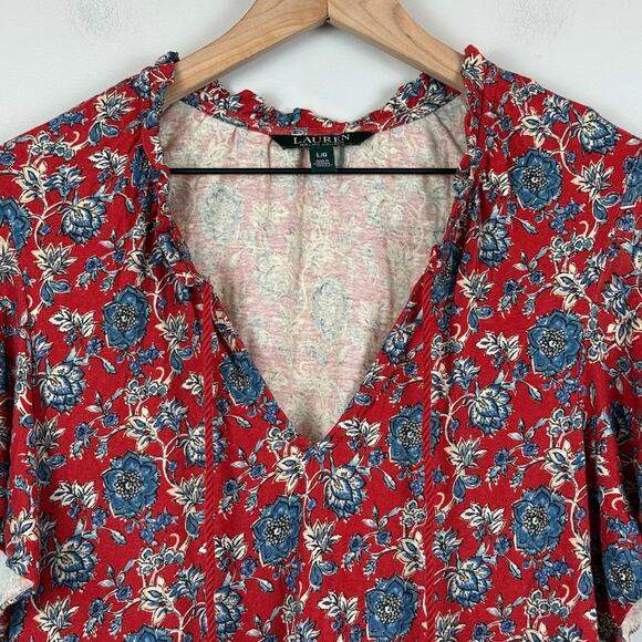 Ralph Lauren Floral Top Womens Large Red Blue Linen Blend Tie-Neck Blouse Bloom - Picture 2 of 8